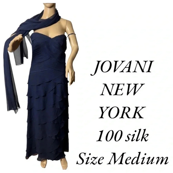 JOVANI NY Blue 100 SILK event dress .Strapless maxi  with pleats and shawl - Picture 1 of 15